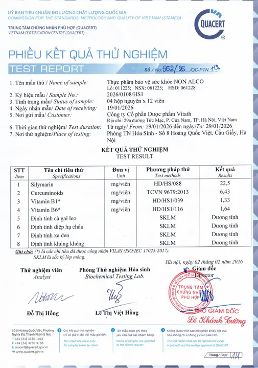 Trang đầu phiếu kiểm nghiệm định tính lô 0612 NON ALCO